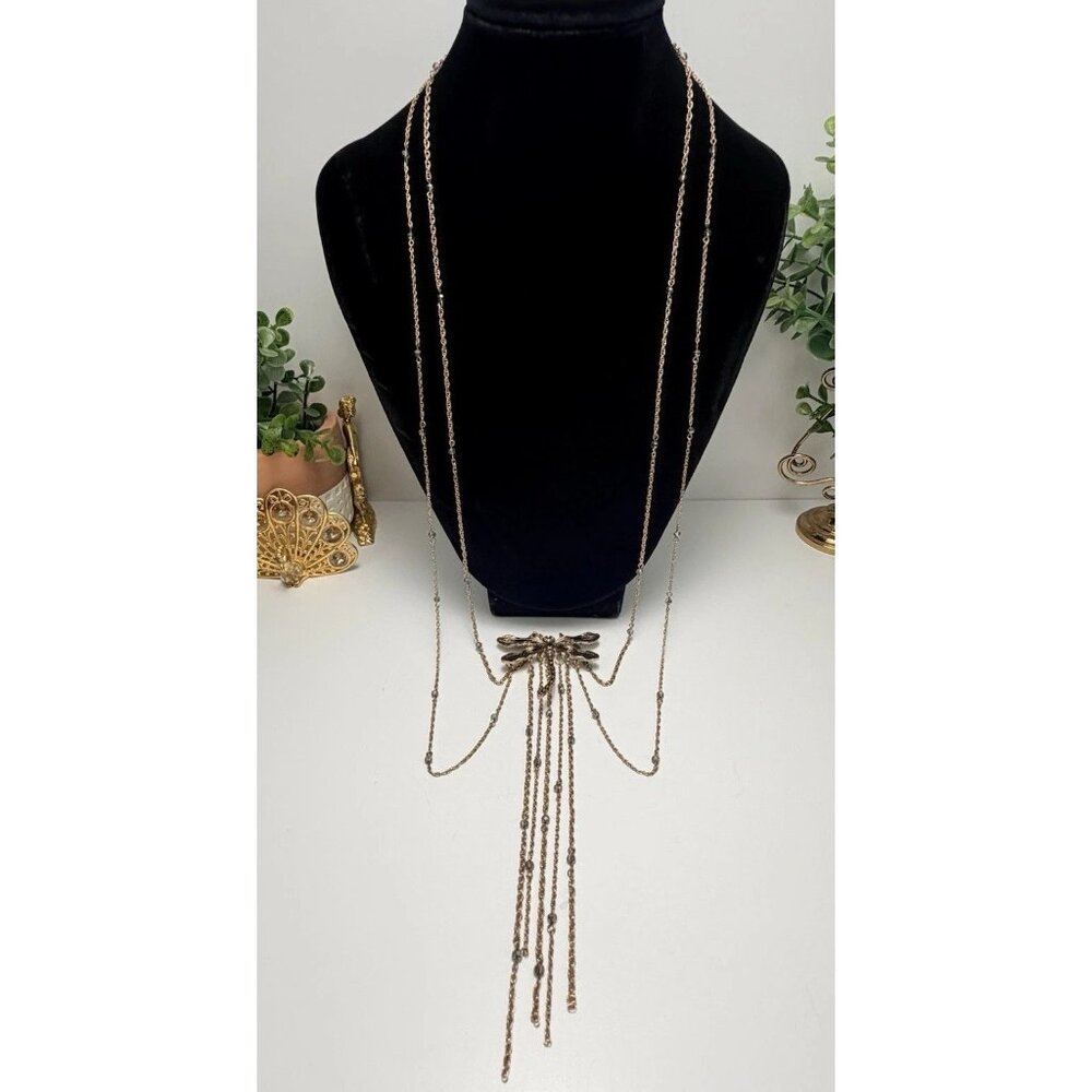 ZARA Dragonfly Double Strand Long Necklace Gold Tone NWOT Boho Statement